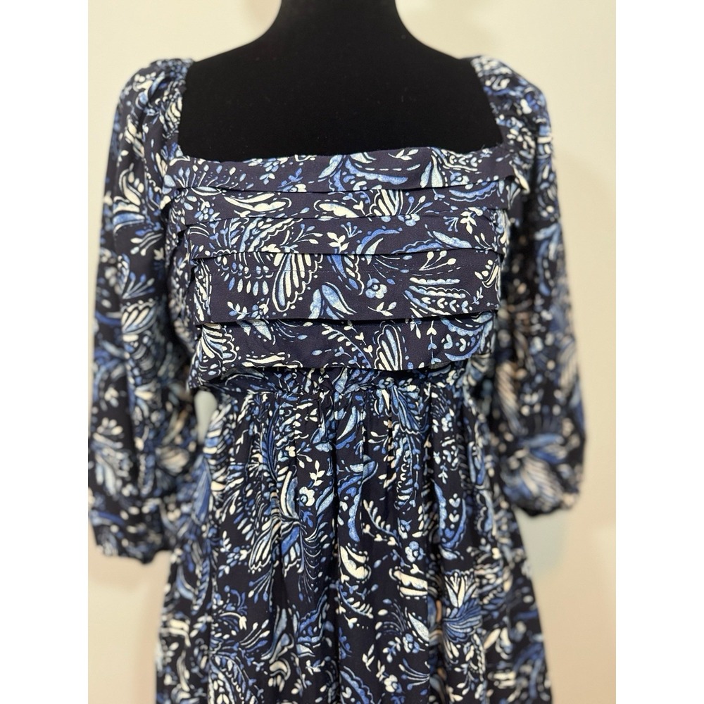 As U Wish Blue Paisley Square Neck Puff 3/4 Sleeve Midi Dress Women Medium
